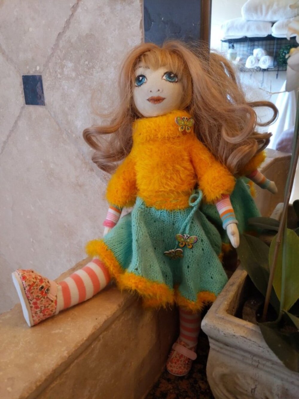 Handmade curly blonde Soft Doll with fluffy sweater 18"